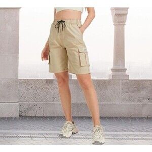 Women’s 12-14 Khaki High Rise Pull On Cargo Shorts Elastic Waist Casual Travel